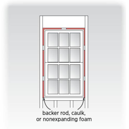 Air seal door and window rough openings with backer rod, caulk, or nonexpanding foam